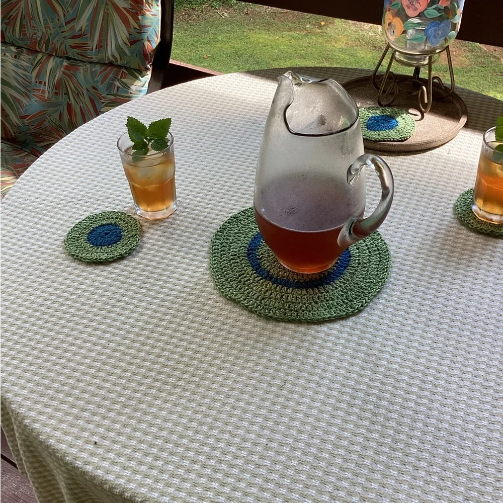 Doily Coaster Set Hand Crafted Green Boho Blue Bar Cart Accessory